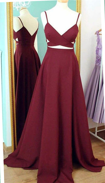 Two Piece Prom Dress,Burgundy Prom Dress,Spaghetti Strap Prom Gowns,Formal Prom Dress,Backless Prom Dress,Burgundy Satin Evening Dress - FlosLuna