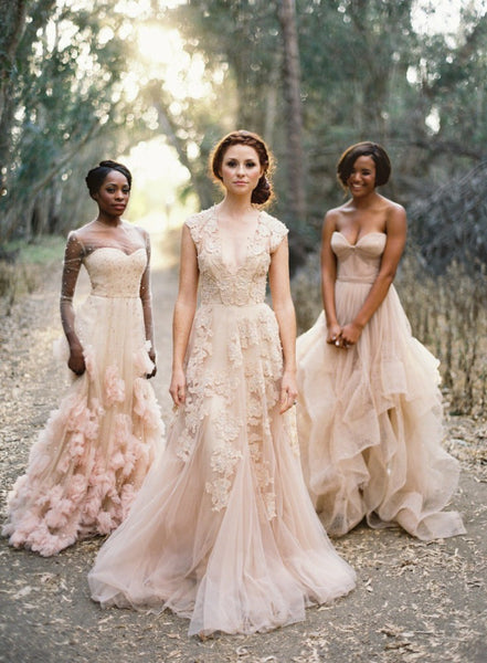 Vintage Lace V Neck Cap Sleeve Blush Wedding Gowns,Blush Lace Prom Dress - FlosLuna