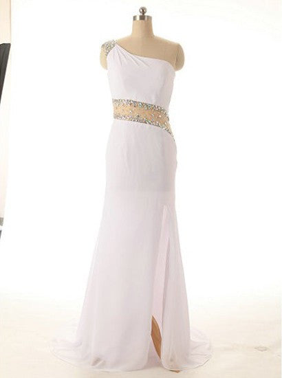 One Shoulder Illusion Waist White Mermaid Split Evening Dress Sexy Prom Homecoming Dress 2018 - FlosLuna
