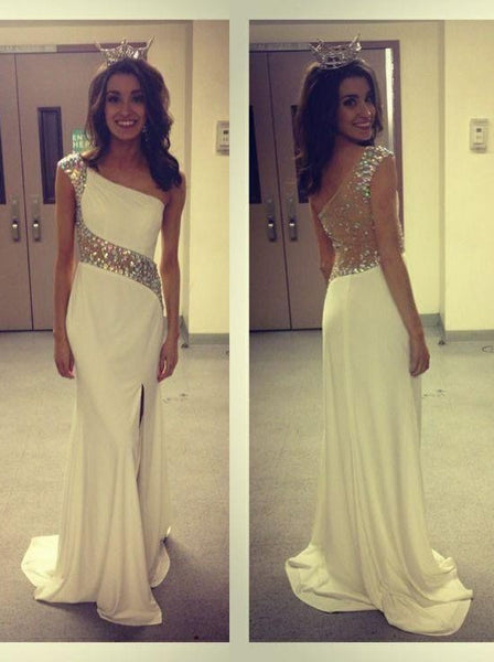 One Shoulder Illusion Waist White Mermaid Split Evening Dress Sexy Prom Homecoming Dress 2018 - FlosLuna