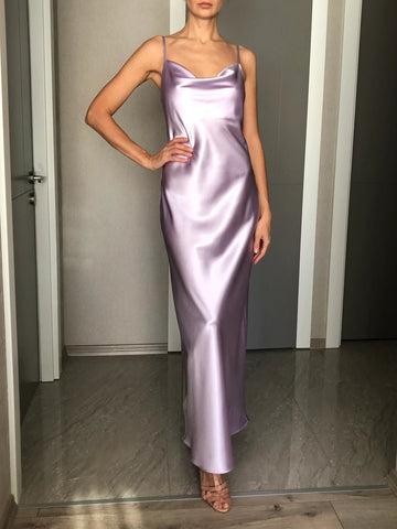 lilac prom dress satin Lilac Halter Mermaid Beaded Satin Long Prom Dresses With Slit Lilac / 6