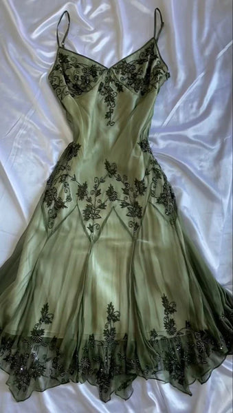 Vintage Green Cocktail Dress,Elegant Green Embroidered Slip Gown,Minimalist Green Formal Dress,Women's Fashion 2025