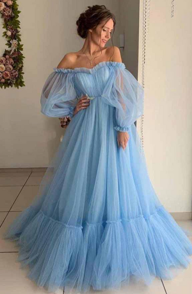 Light Blue Sexy Prom Dress，Wedding Guest Dress，Long Sleeve Off Shoulder Princess Dress