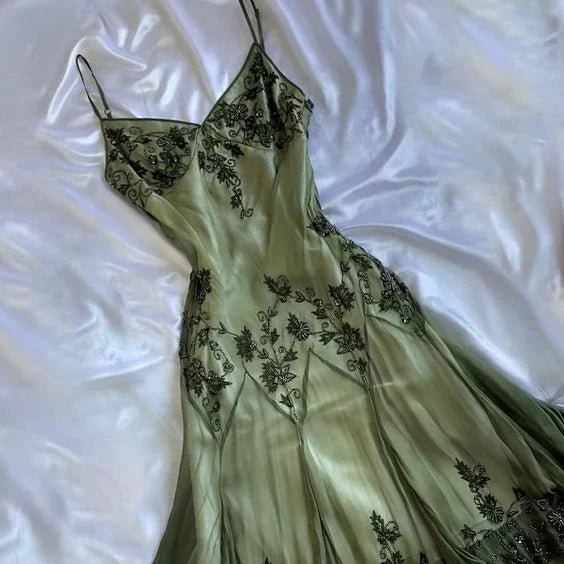 Vintage Green Cocktail Dress,Elegant Green Embroidered Slip Gown,Minimalist Green Formal Dress,Women's Fashion 2025