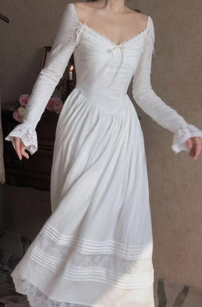 Long Sleeve Lace Wedding Dress,White Lace Bridal Gown
