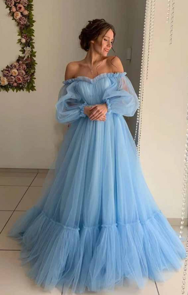 Light Blue Sexy Prom Dress，Wedding Guest Dress，Long Sleeve Off Shoulder Princess Dress