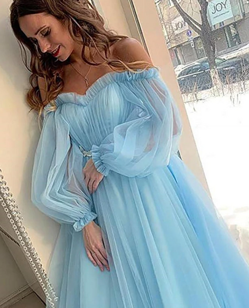 Light Blue Sexy Prom Dress，Wedding Guest Dress，Long Sleeve Off Shoulder Princess Dress