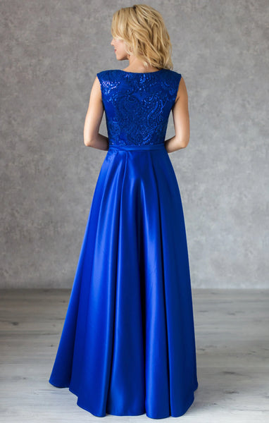 Royal Blue Modest  Evening Dress,Silk Satin Evening dresses,Blue Lace  Prom Dress