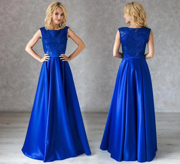 Royal Blue Modest  Evening Dress,Silk Satin Evening dresses,Blue Lace  Prom Dress