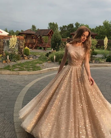 Sequin Dress Long ,Sparkly Sequin Prom Dresses ,Open Back Light Gold S –  FlosLuna