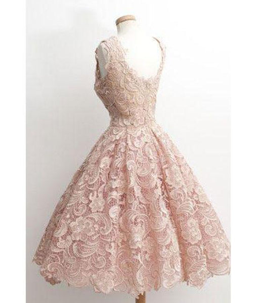 Pink V Neck Lace Short Prom Dress,Blush Lace Bridesmaid/Homecoming Dress - FlosLuna