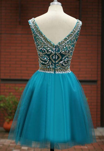 Green Beaded Tulle Short Prom/Homecoming Dress,Tulle Short Homecoming Dress with Jewels - FlosLuna