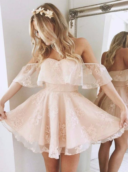 A-Line Off-the-Shoulder Short Pearl Pink Lace Homecoming Dress,Party Dress,Evening Dress - FlosLuna
