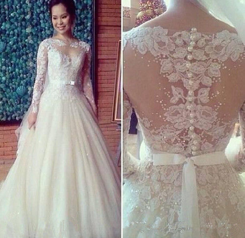 A-line Ivory Tulle Long Sleeve Lace Wedding Dress with Pearls - FlosLuna
