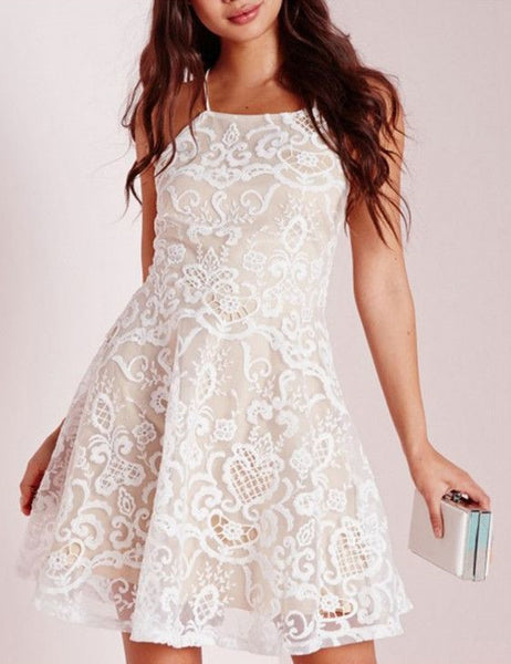 Modern A-line Halter Short White Criss-Cross Fashion Backless Lace Prom Homecoming Dress - FlosLuna