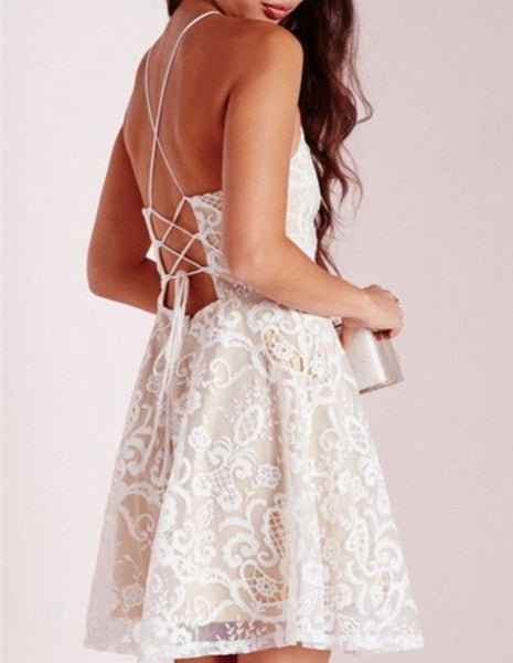 Modern A-line Halter Short White Criss-Cross Fashion Backless Lace Prom Homecoming Dress - FlosLuna