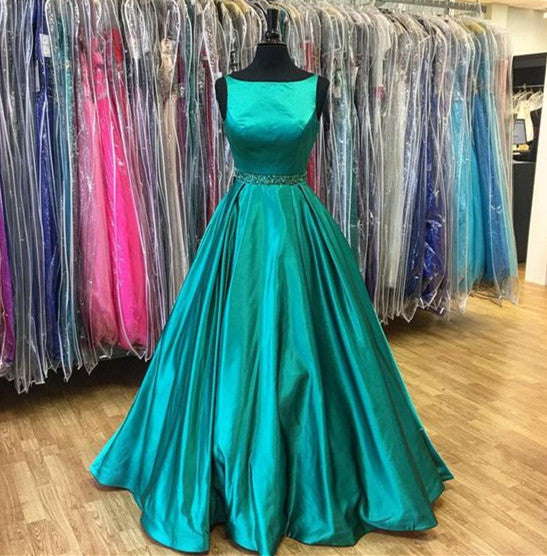 Elegant 2018 Bateau Sleeveless Long Prom/Evening Dress With Beading Satin Emerald Prom Dress Long - FlosLuna