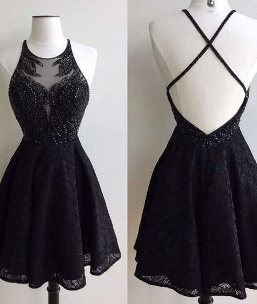 Black Beaded Embellished Halter Crew Neck Short Lace Homecoming Dress Featuring Criss-Cross Open Back - FlosLuna
