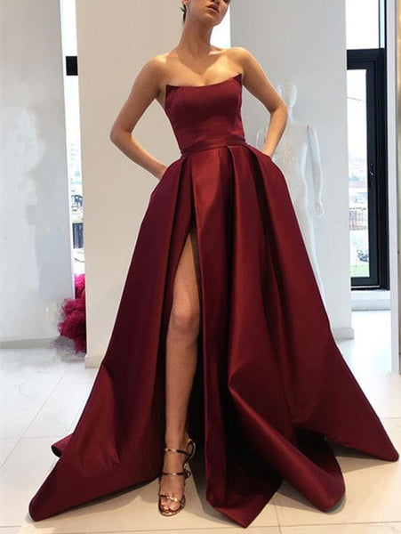 Burgundy Prom Dresses Strapless Bodice Corset Long Evening Bridesmaid Gowns With Leg Split - FlosLuna