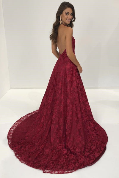 Charming A-Line Halter Split Front Burgundy Lace Long Prom/Evening/Bridesmaid Dress - FlosLuna