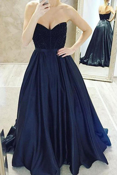 Sweetheart Jeweled Navy Satin Long Prom/Evening Dress Custom Made Online - FlosLuna