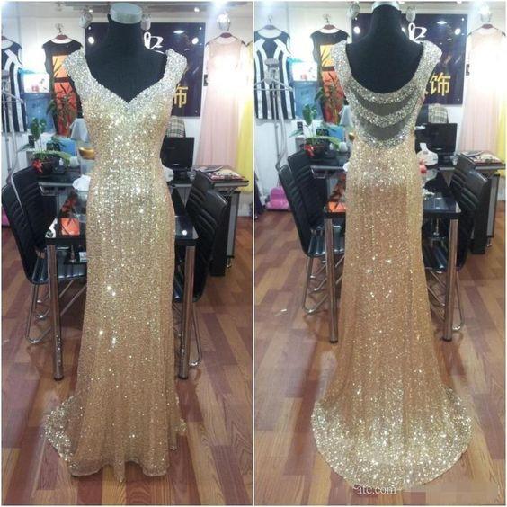 Charming Sparkle Gold Sequin Seen Through Back Long Prom Dress - FlosLuna