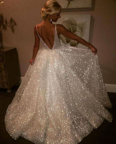 Deep V Neck White Sparkly Prom Dress Gowns Flosluna FlosLuna