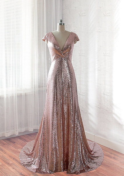 Deep V neck Rose Gold Sparkly Sequin Prom/Evening Dress,Shiny V neck Formal Evening Dress - FlosLuna