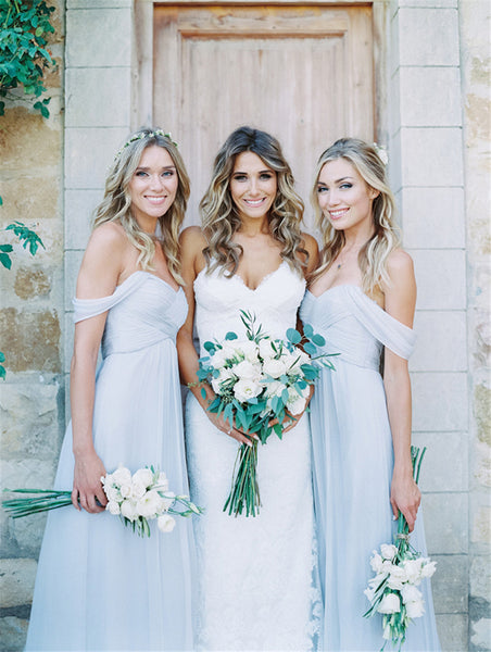 Dusty Blue Bridesmaid Dress Off Shoulder Mismatched Bridesmaid Dresses Long Chiffon Prom Dress Blue - FlosLuna