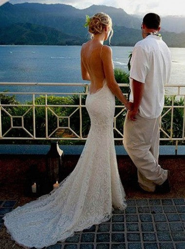 Mermaid Backless White Wedding Dress with Spaghetti Straps Sweep Train Under 200 - FlosLuna