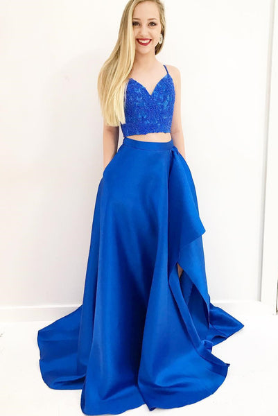 Fashion Two Piece A-Line Spaghetti Straps Royal Blue Long Prom/Evening Dress With Lace - FlosLuna