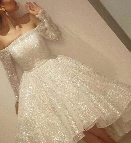 chinese dress ladies LTP0626,White sequin mini prom dresses long sleeves homecoming dresses –  Laylatailor Shop main image 0