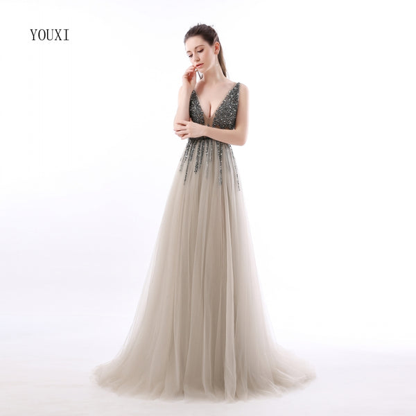 Long Tulle Grey Dress Prom Beaded Top Deep V neck Evening Gowns Sexy Jeweled Tulle Prom Dress - FlosLuna