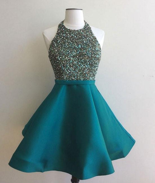 Open Back Beaded Aqua Short Prom/Party Dress | Flosluna Open Back Beaded Aqua Short Prom/Party Dress | Flosluna