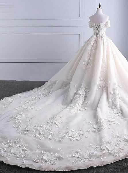 Ivory strapless sweep train off shoulder lace floral wedding dress with sleeves - FlosLuna