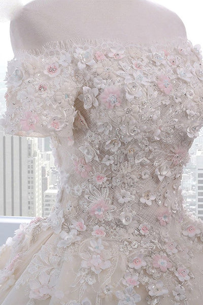 Ivory strapless sweep train off shoulder lace floral wedding dress with sleeves - FlosLuna