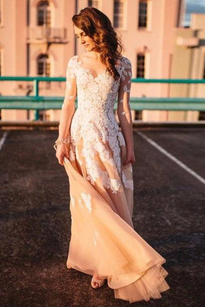 Lace A-line Long Sleeves Tulle Simple Cheap Long Wedding Dresses with sleeves,Prom Dress - FlosLuna