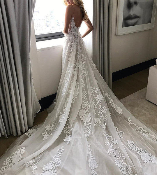 Lace Applique V Neck Gown Prom Dress White Lace Formal Evening Gowns Spaghetti Straps Lace Beach Wedding Dress - FlosLuna
