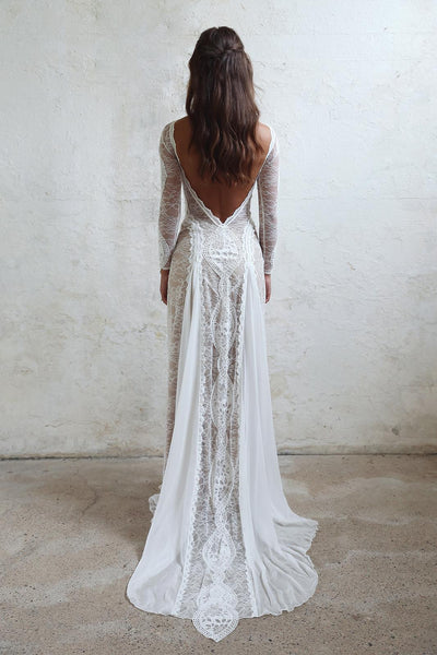 Bohemian Long Sleeve Open Back Wedding Dress &Bridal Gown | Flosluna Bohemian Long Sleeve Open Back Wedding Dress &Bridal Gown | Flosluna