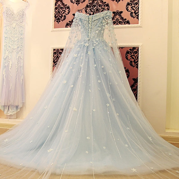 A-line Off Shoulder Blue Lace Handmade Flowers Wedding Dress Lace Off Shoulder Prom/Evening Gowns - FlosLuna