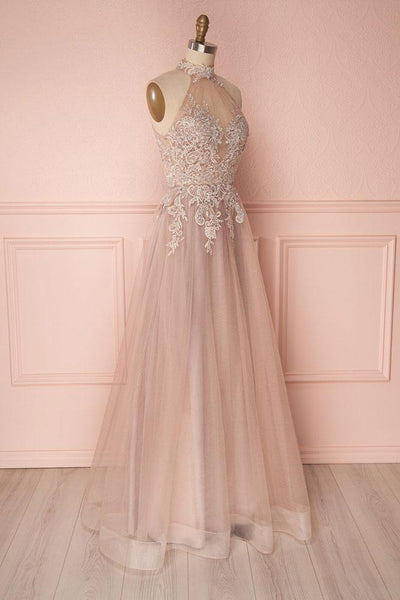 Fashion A-Line High Neck Sleeveless Long Backless Prom/Evening Dress With Appliques - FlosLuna