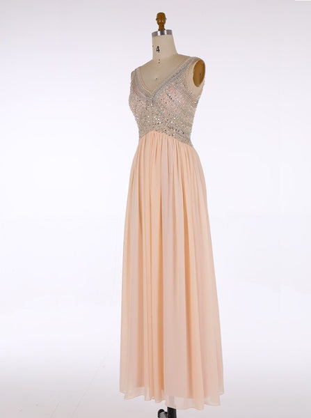 Hot Selling A-line V-neck Floor-Length Chiffon Long Blush Bridesmaid Dress Beaded Blush Pink Evening/Prom/Homecoming Dress - FlosLuna