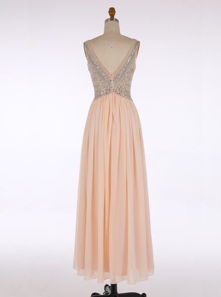 Hot Selling A-line V-neck Floor-Length Chiffon Long Blush Bridesmaid Dress Beaded Blush Pink Evening/Prom/Homecoming Dress - FlosLuna