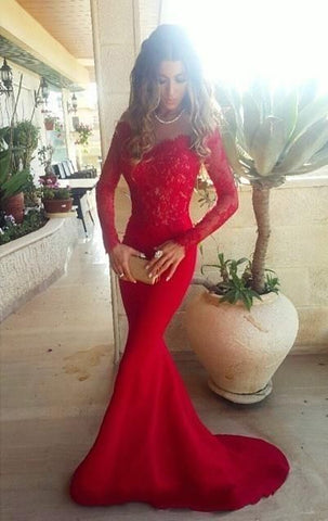 Red Lace Bridal Prom Gown Long Sleeves Mermaid Evening Dresses Wd73 - China  Party Dress and Bridal Dress price