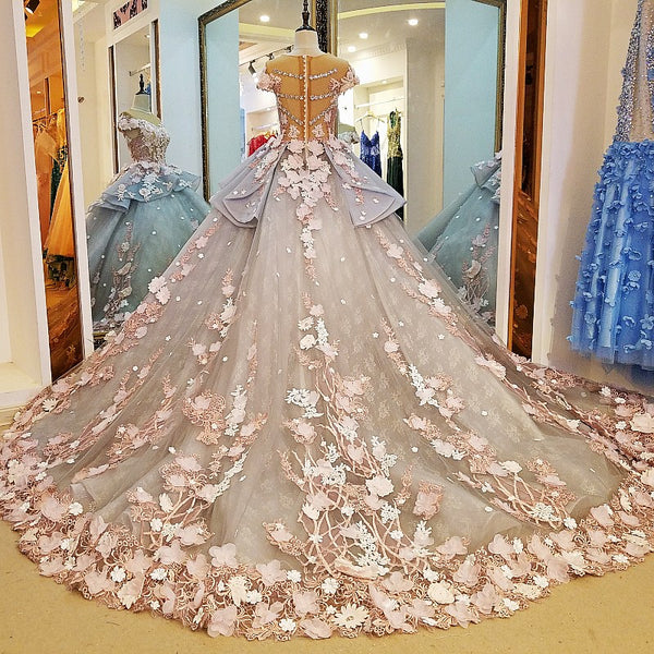 Luxury Ball Gown Wedding Dresses Online Princess Sweetheart Pink Prom Evening Dress Handmade Made Flowers Court Train Bridal Gowns - FlosLuna
