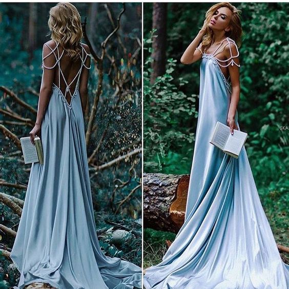 Pearl Beaded Backless Sexy Prom Evening Dress,Dusty Blue Holiday Dress, Open Back Bridesmaid Dress - FlosLuna