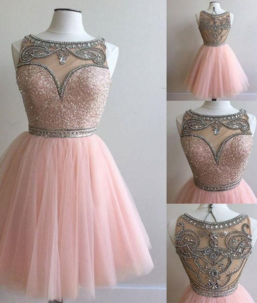 PINK ROUND NECK SEQUIN TULLE SHORT PROM DRESS, CUTE HOMECOMING DRESS - FlosLuna