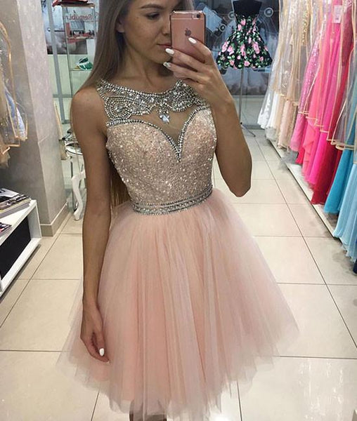 PINK ROUND NECK SEQUIN TULLE SHORT PROM DRESS, CUTE HOMECOMING DRESS - FlosLuna