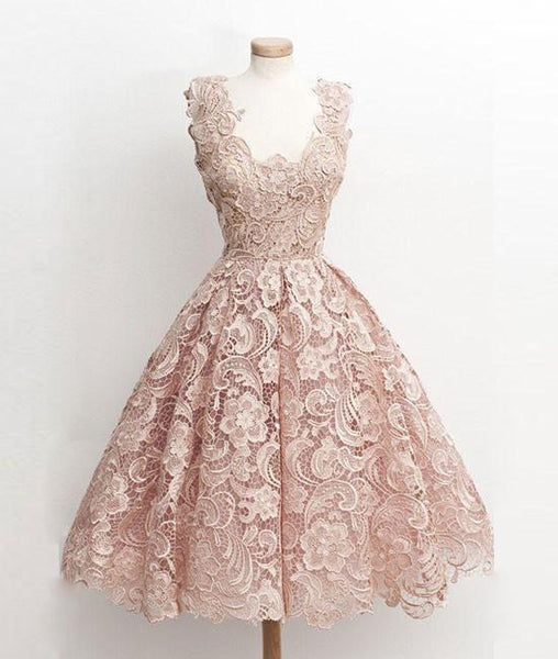 Pink V Neck Lace Short Prom Dress,Blush Lace Bridesmaid/Homecoming Dress - FlosLuna