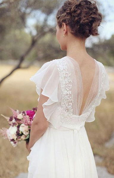 V Neck Back Sheer Summer Bridal Gowns | Flosluna V Neck Back Sheer Summer Bridal Gowns | Flosluna